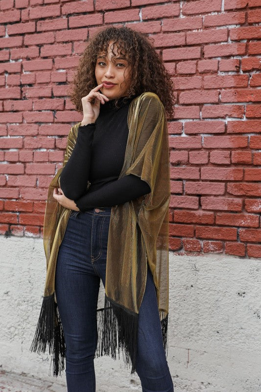 Sheer Metallic Tassel Trim Kimono