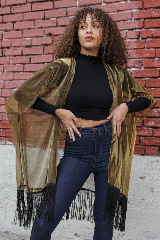 Sheer Metallic Tassel Trim Kimono