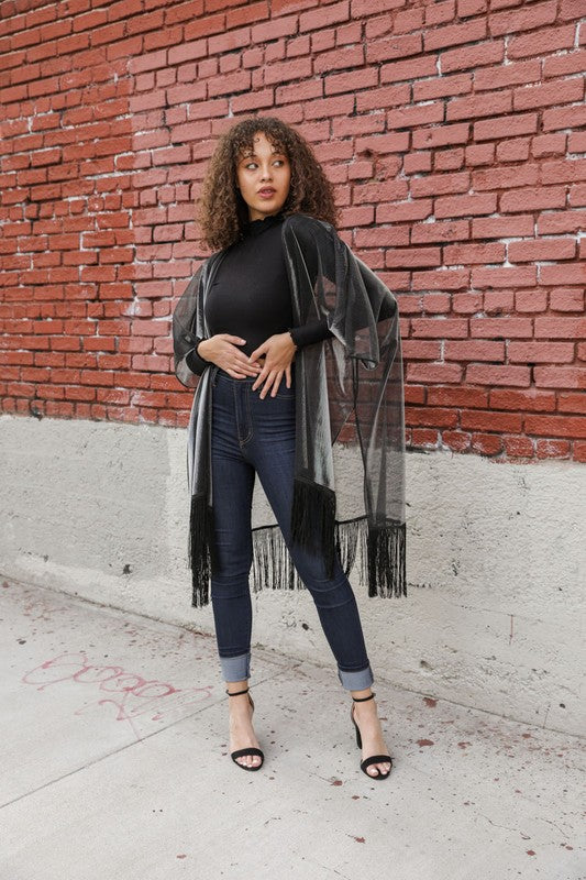Sheer Metallic Tassel Trim Kimono