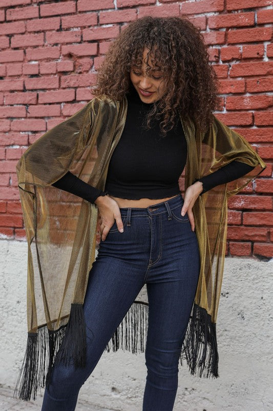 Sheer Metallic Tassel Trim Kimono