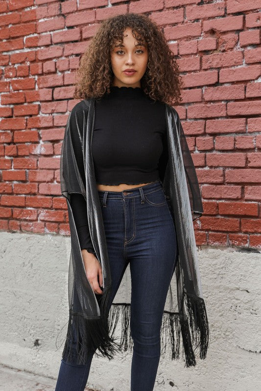 Sheer Metallic Tassel Trim Kimono