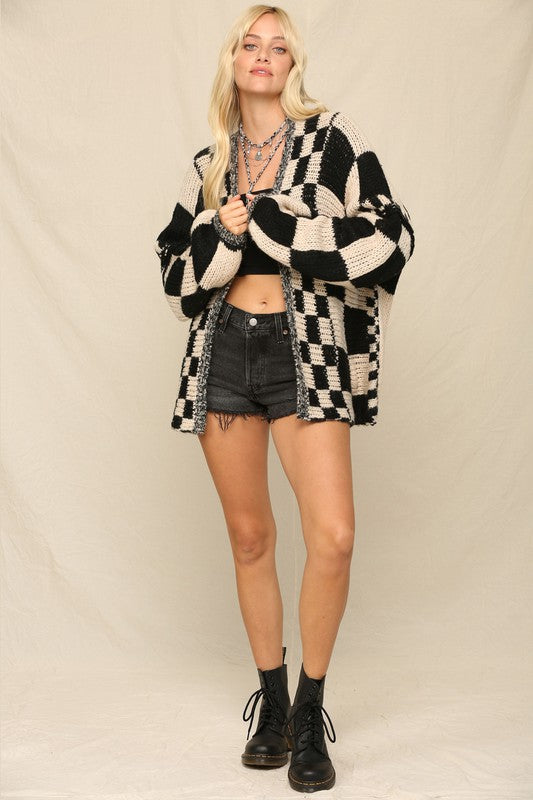 Mixed Check Pattern Chunky Cardigan
