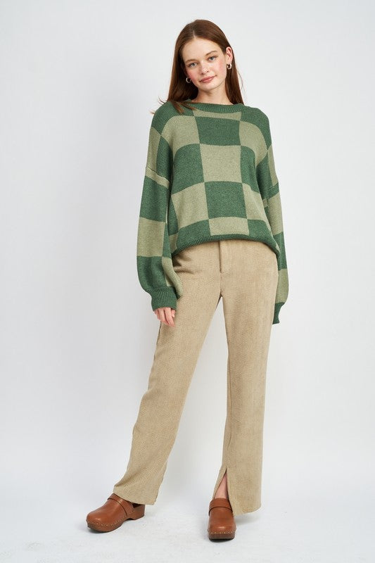 CHECKERED SWEATER WITH BUBBLE SLEEVES
