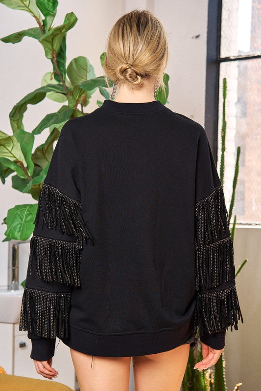 Silver Studded Fringe Crewneck