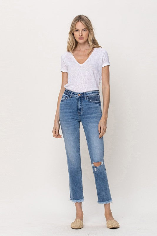 KNEE SLIT FREY HEM CROP STRAIGHT