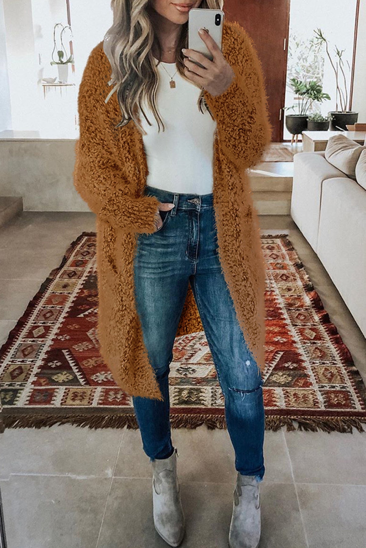 Fuzzy Knit Cardigan With Pockets