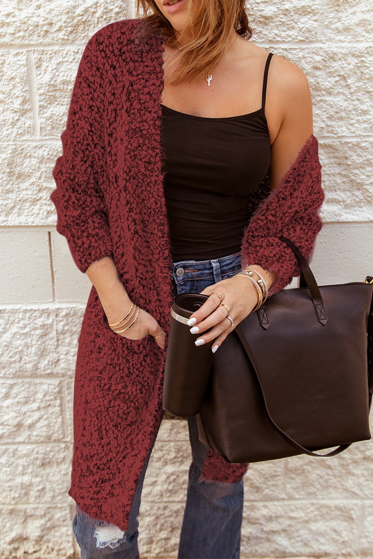 Fuzzy Knit Cardigan With Pockets