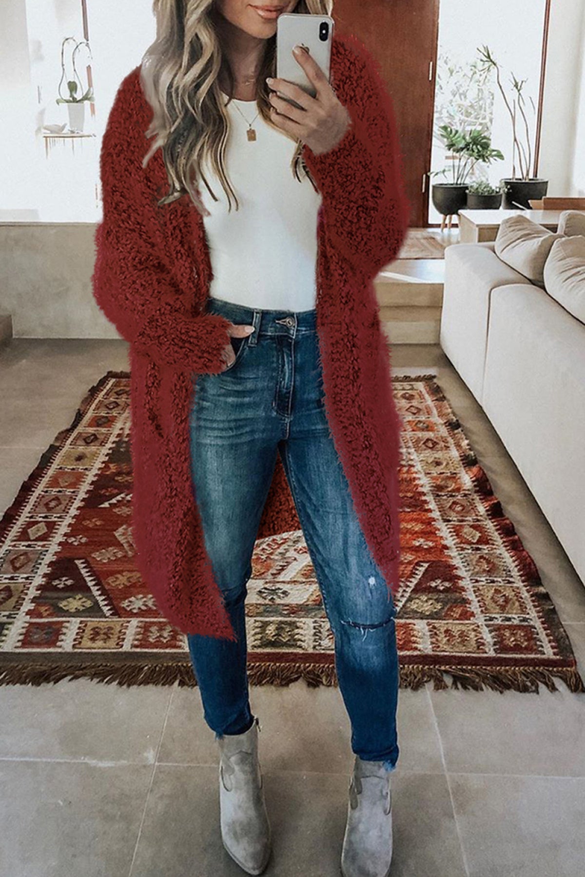 Fuzzy Knit Cardigan With Pockets