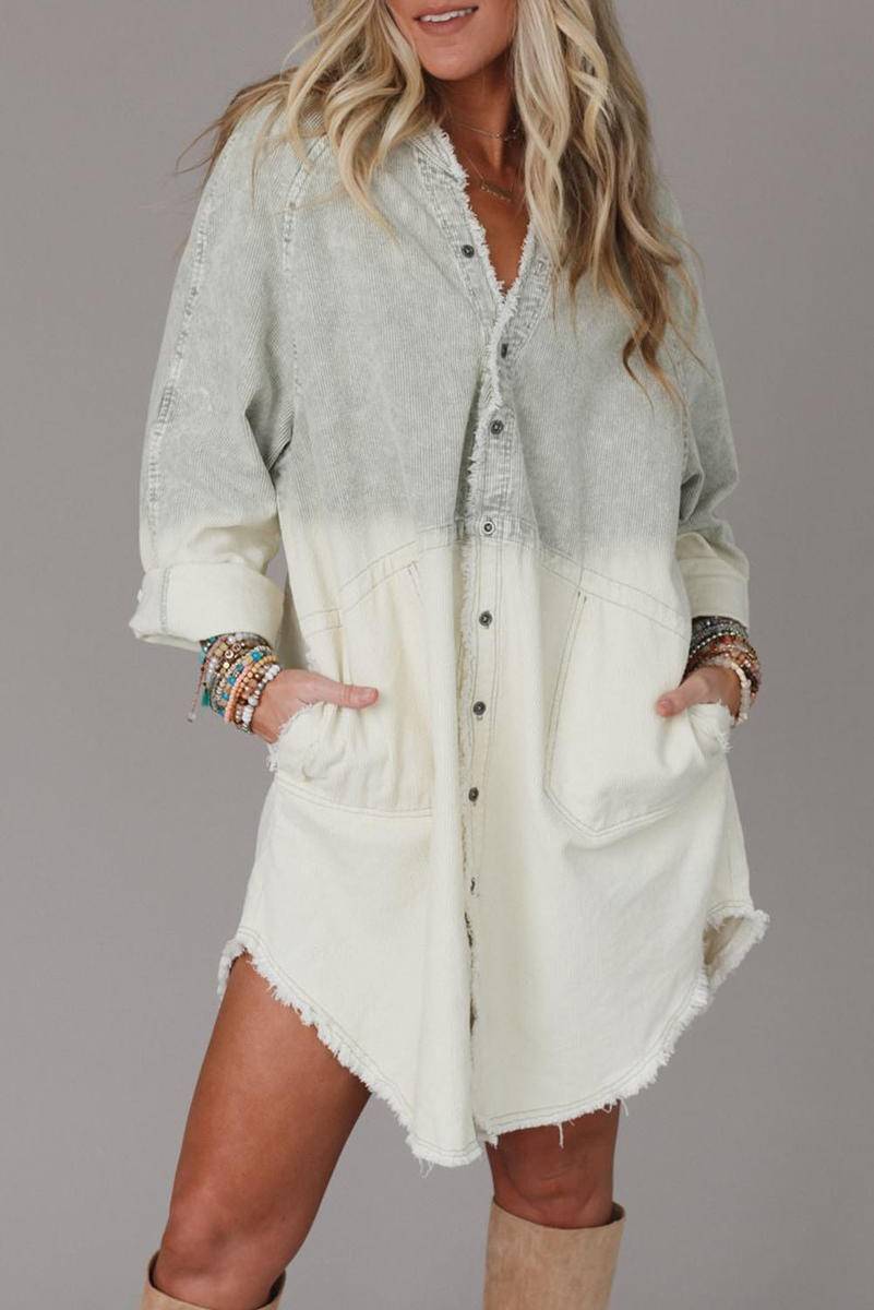 Gradient Long Sleeve Button Up Raw Hem Corduroy Dress