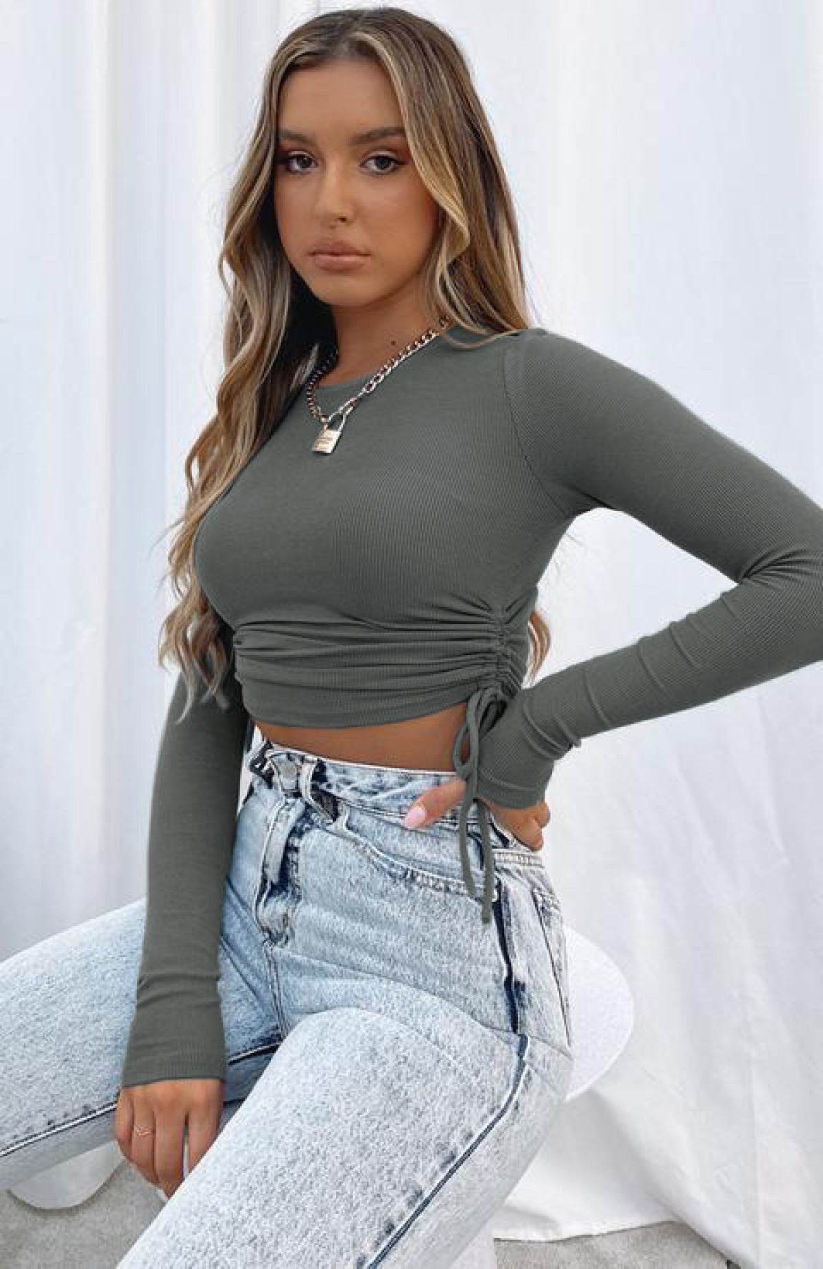 Side Drawstring Round Neck Crop Top