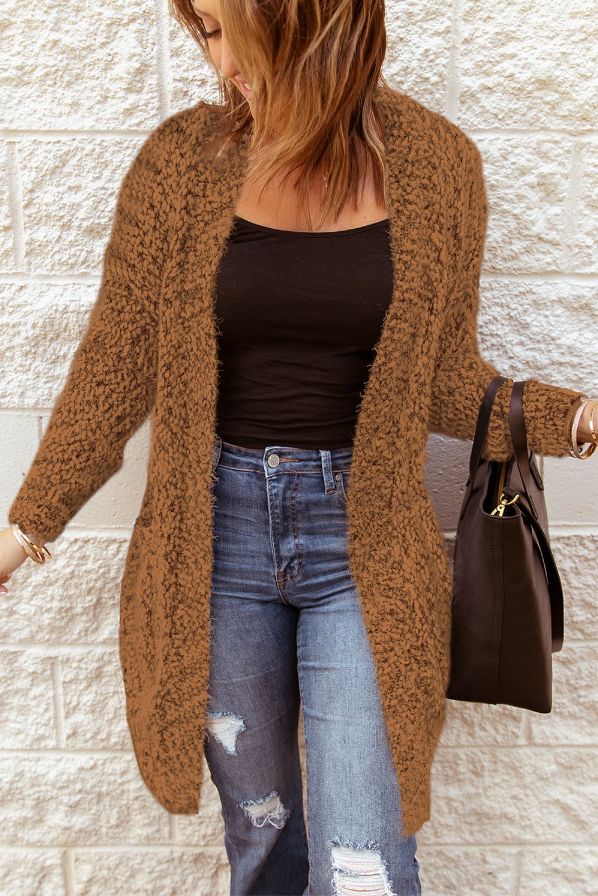 Fuzzy Knit Cardigan With Pockets