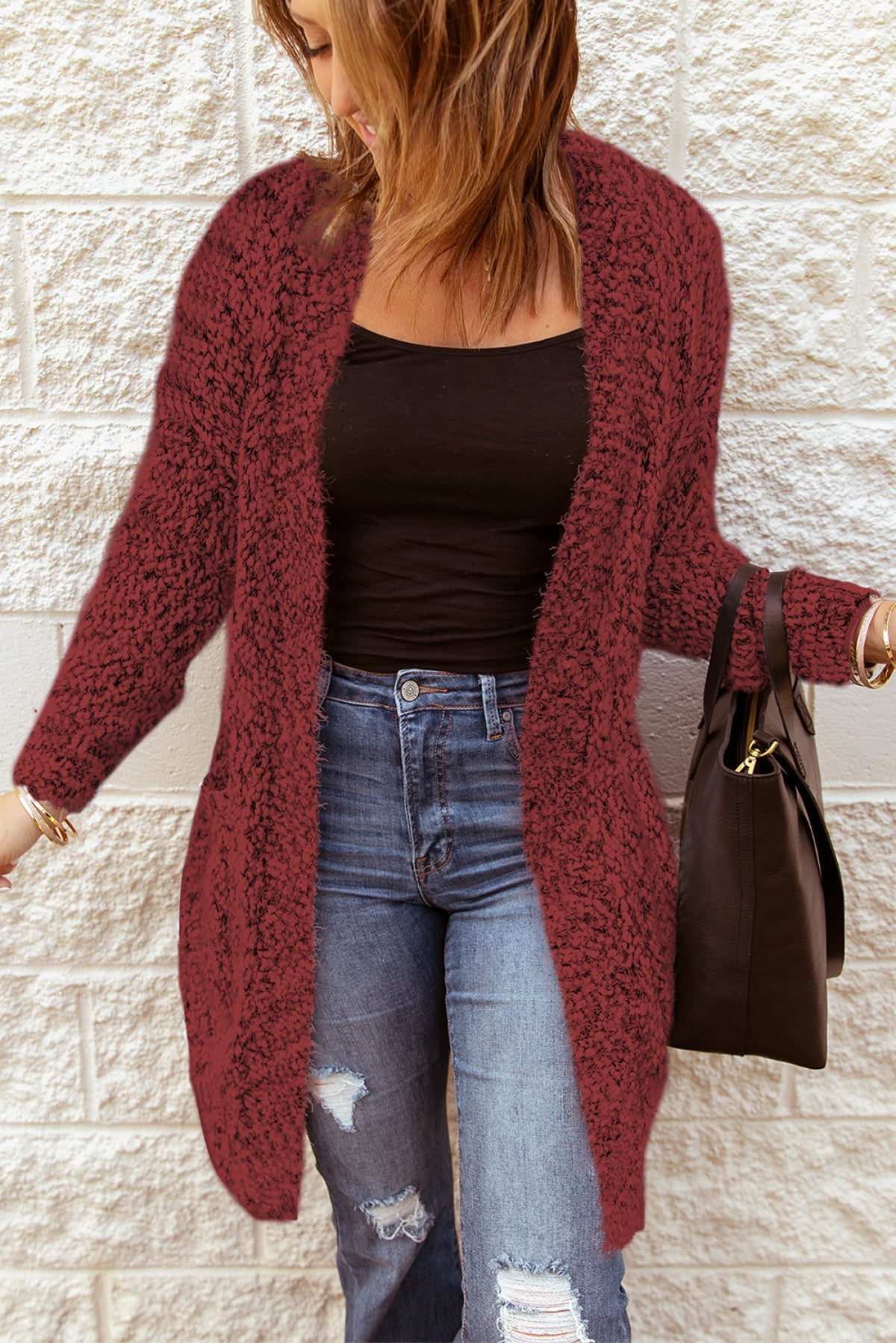 Fuzzy Knit Cardigan With Pockets