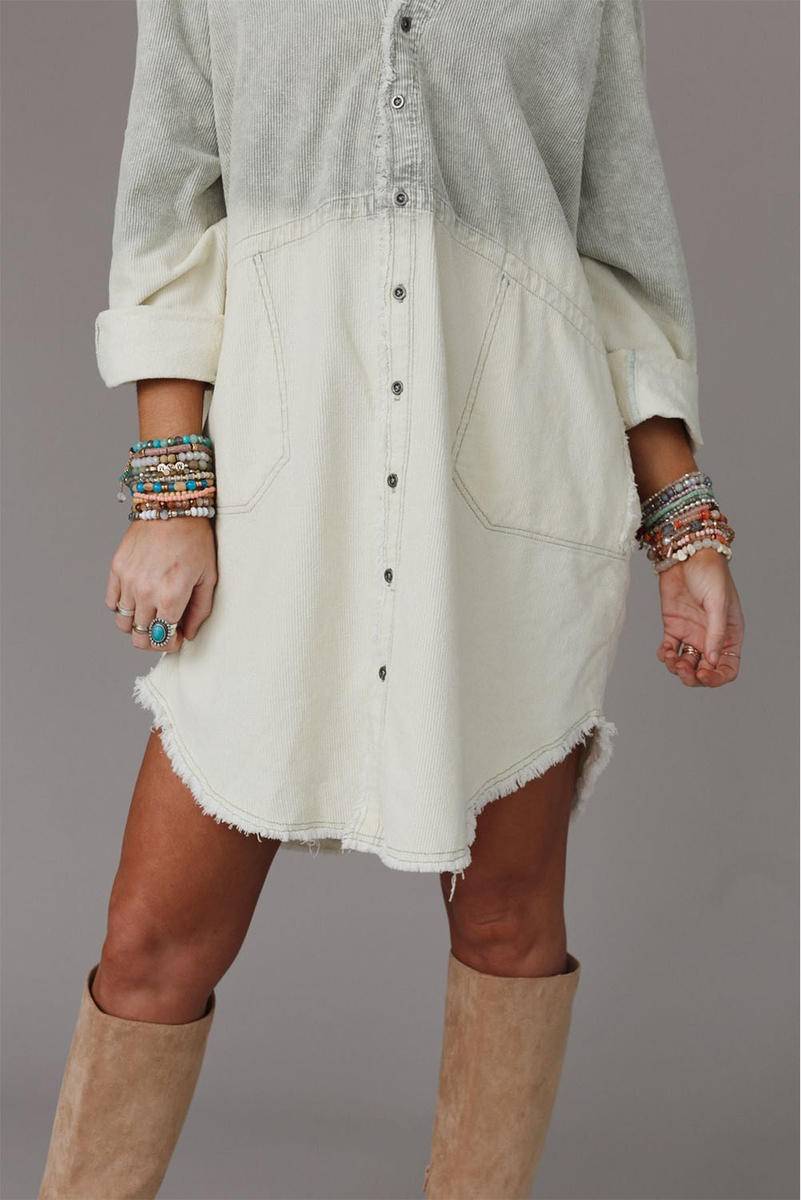 Gradient Long Sleeve Button Up Raw Hem Corduroy Dress