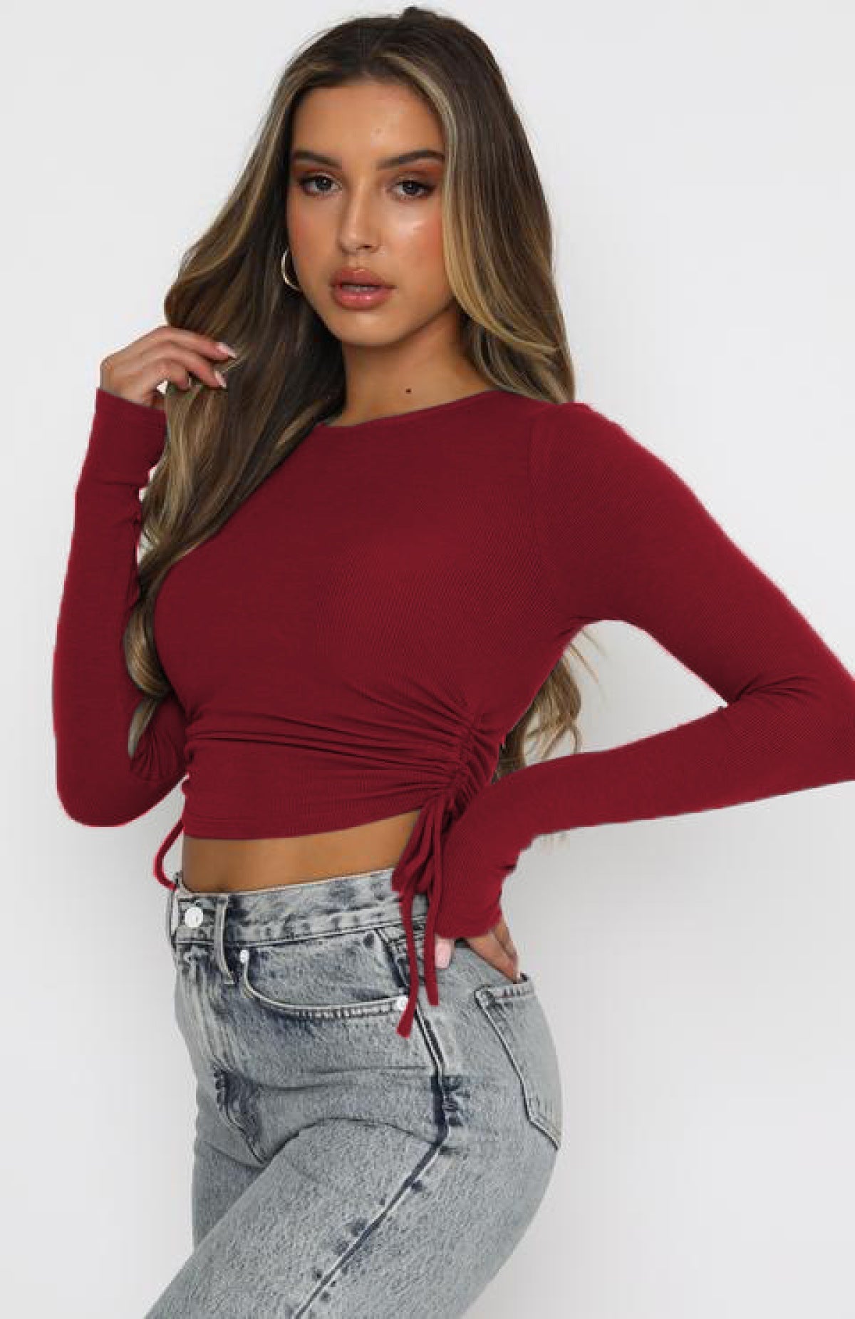 Side Drawstring Round Neck Crop Top