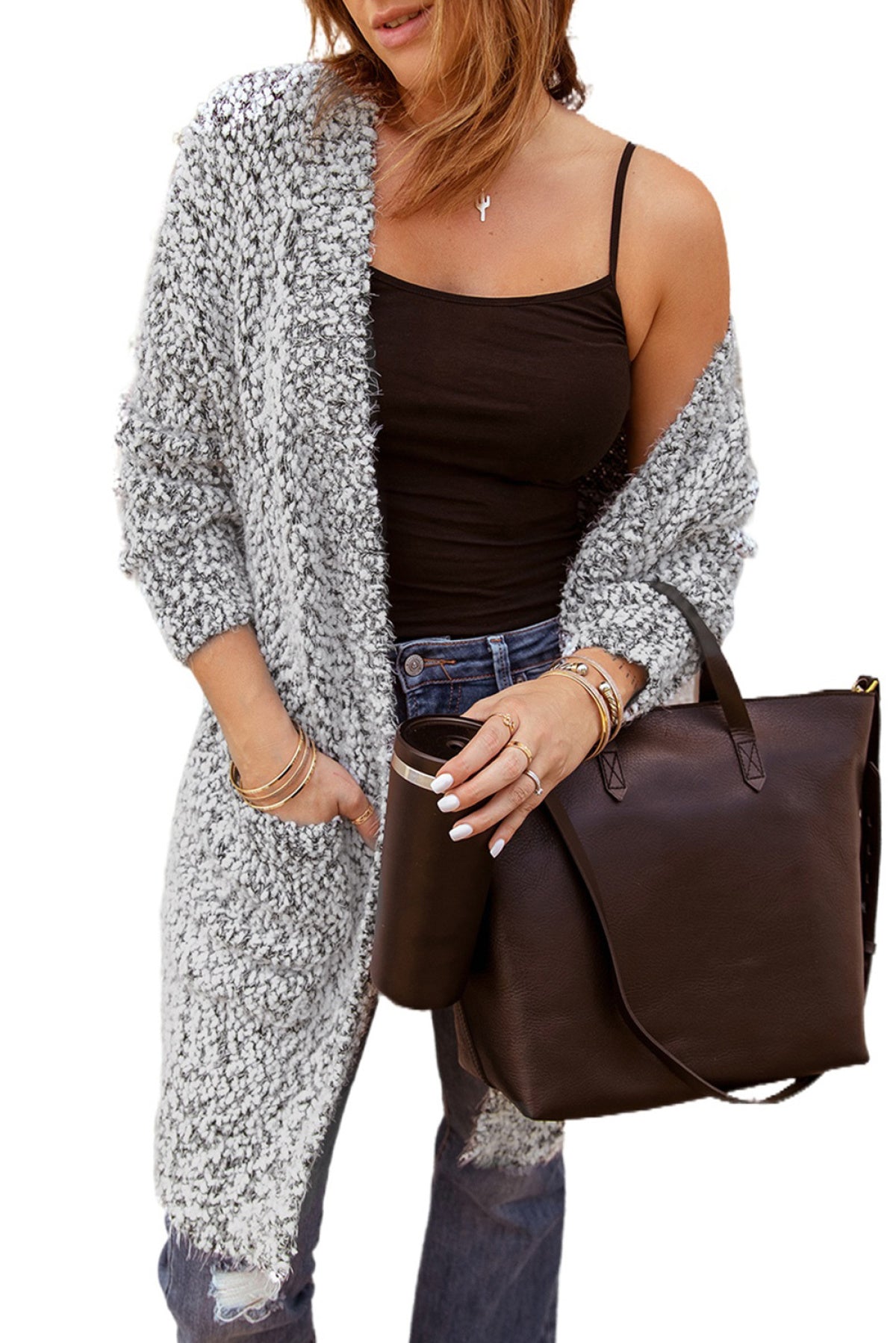 Fuzzy Knit Cardigan With Pockets