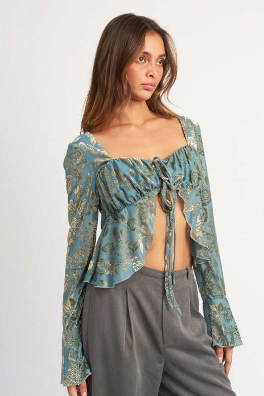 SHIRRRING TIE TOP WITH LONG SLEEVE
