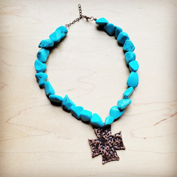 Chunky Blue Turquoise Collar Necklace Cross Pendan