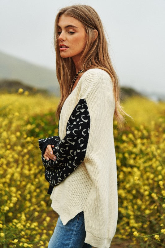 Leopard Oversized Half and Half Pullover Sweater