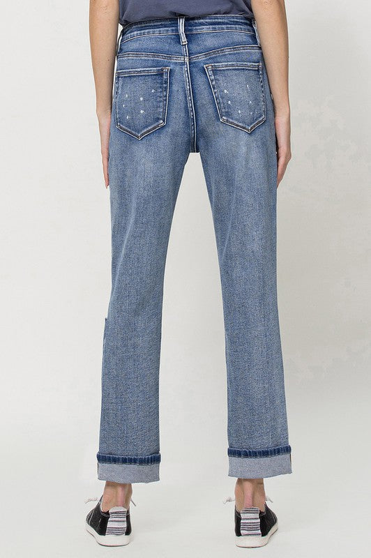 Stretch Mom Jeans w/ Spatter Detail and Cuff