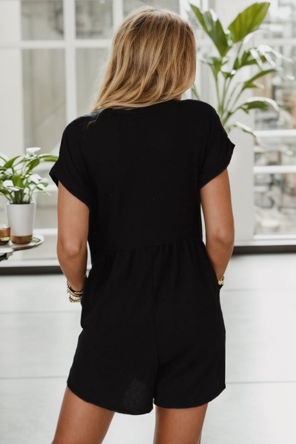 Pocketed V-Neck Short Sleeve Romper