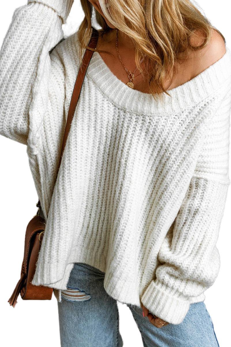Ribbed Knit Round Neck Slouchy Chunky Sweater