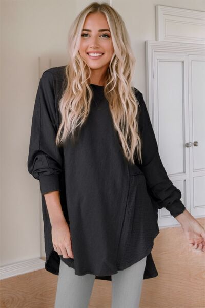 Contrast Texture Round Neck Long Sleeve Blouse